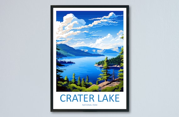 Crater Lake National Park Blue Water Pines Vintage Travel Poster