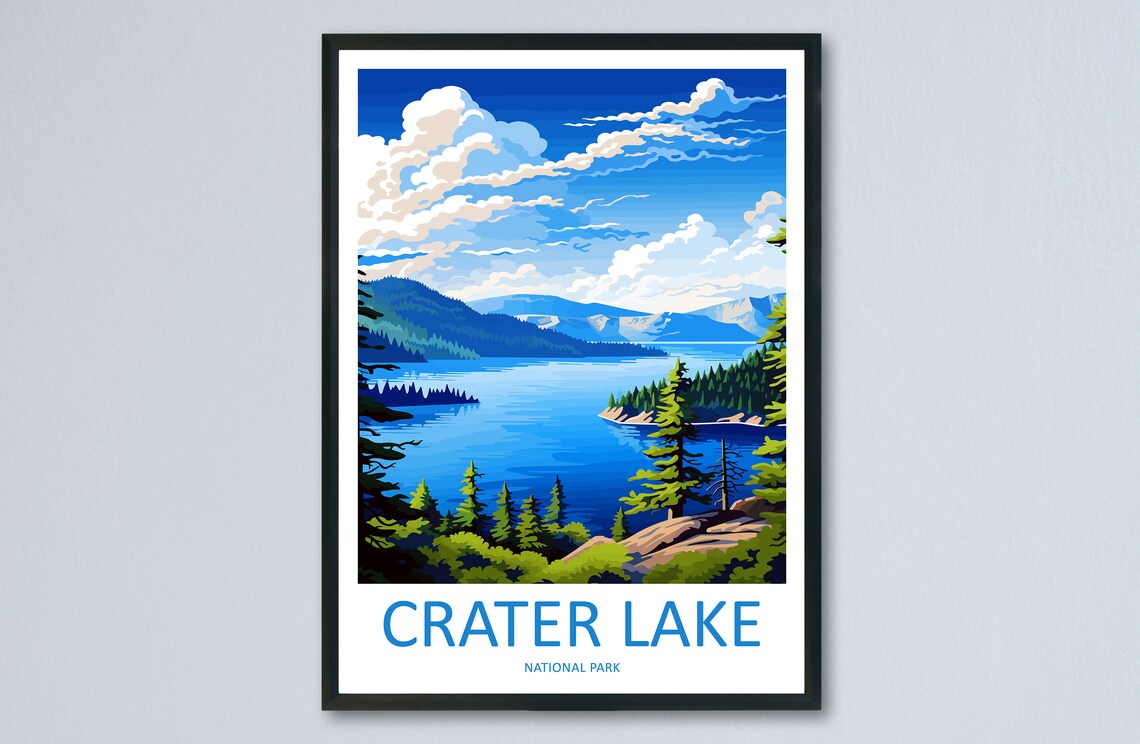 Crater Lake National Park Blue Water Pines Vintage Travel Poster