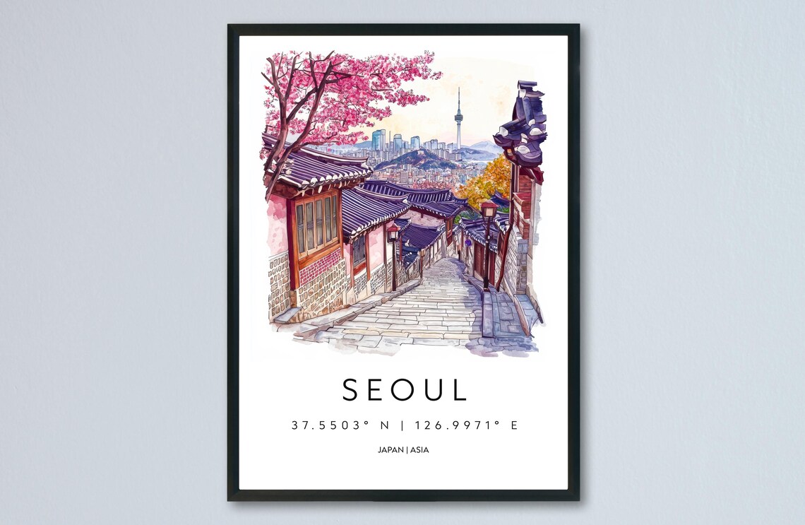 Seoul Watercolor Hanok Village Street N Seoul Tower Travel Poster