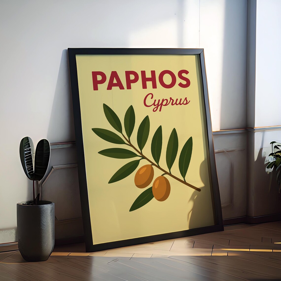 Paphos Cyprus Olive Branch Mediterranean Retro Travel Poster
