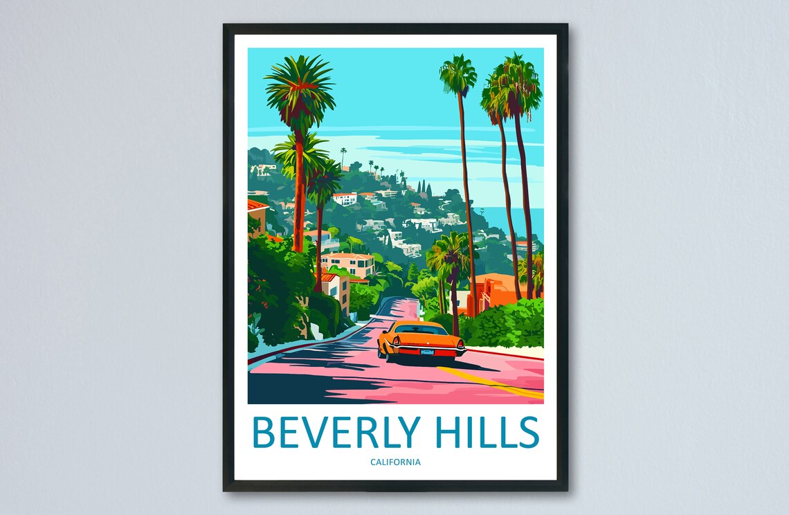 Beverly Hills California Palm Lined Street Classic Car Travel Poster