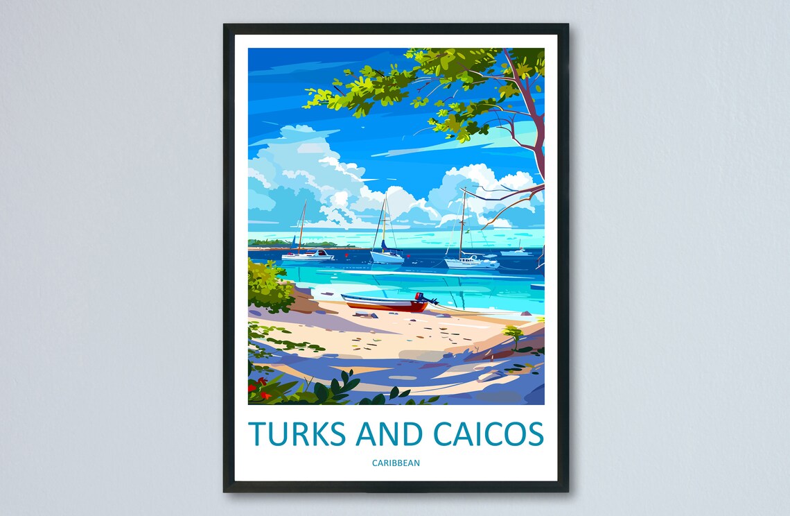 Turks and Caicos Caribbean Sailboats White Sand Beach Travel Poster