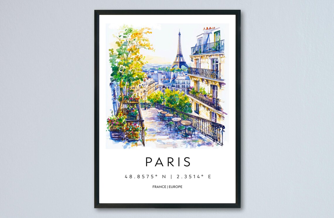 Paris France Watercolor Travel Poster Montmartre Terrace With Eiffel Tower