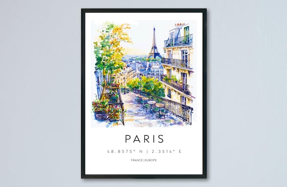 Paris France Watercolor Travel Poster Montmartre Terrace With Eiffel Tower