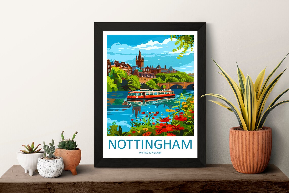 Nottingham England River Boat Church Spire Colorful Scene Poster - Image 3