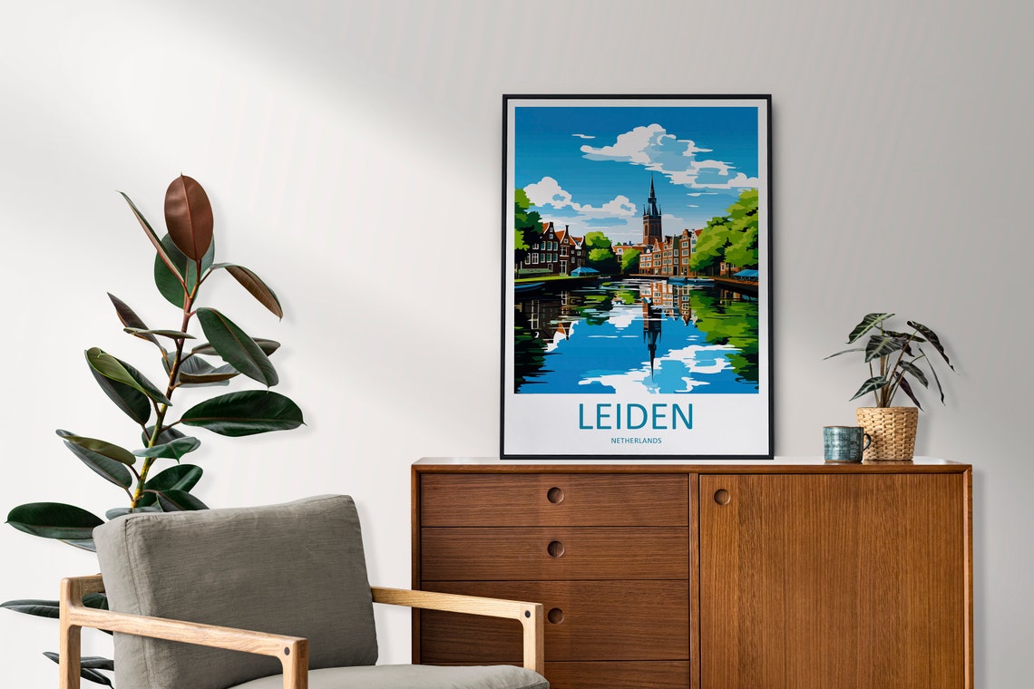 Leiden Netherlands Canal Church Tower Reflection Retro Travel Poster - Image 2
