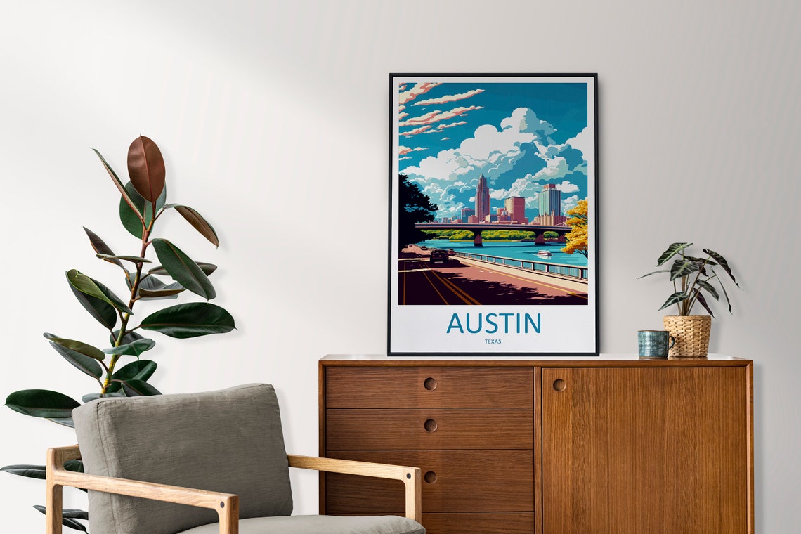 Austin Texas Downtown Skyline River Bridge Sunset Travel Poster - Image 2