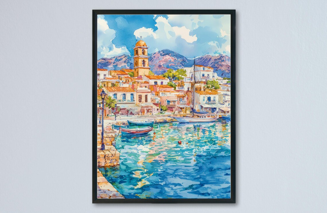 Agios Nikolaos Greece Harbor Boats Watercolor Travel Art Poster