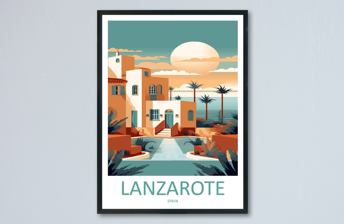 Lanzarote Spain Sunset Villa Poolside Summer Island Travel Poster