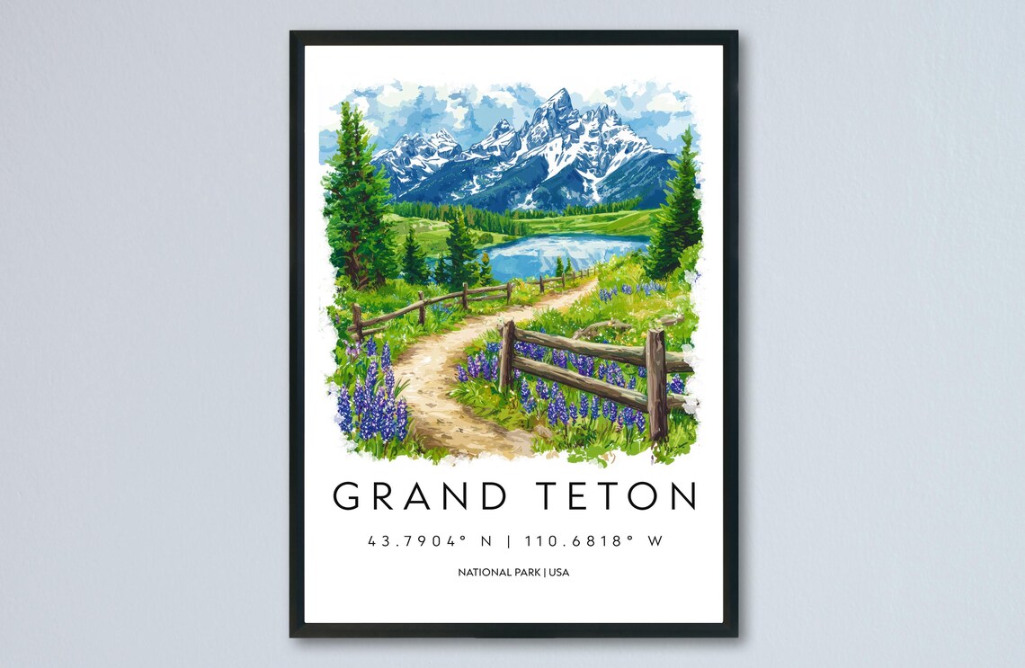 Grand Teton National Park Lupine Trail Fence Watercolor Wyoming Poster
