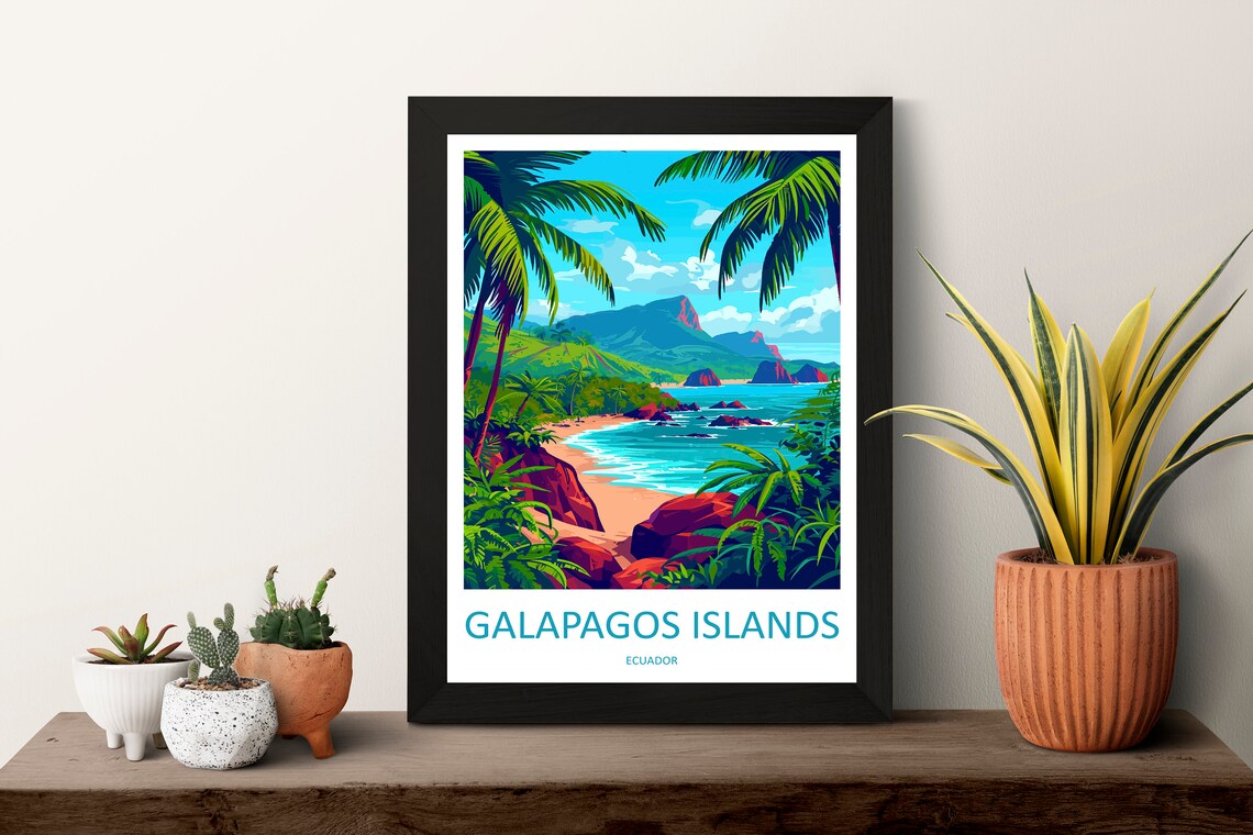 Galapagos Islands Ecuador Tropical Palm Cove Beach Travel Poster - Image 3