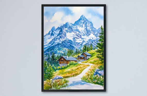 French Alps Snowy Peaks Mountain Chalet Cabin Watercolor Art Poster
