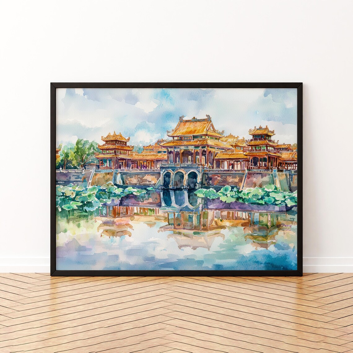 Hue Vietnam Watercolor Travel Poster, Riverside