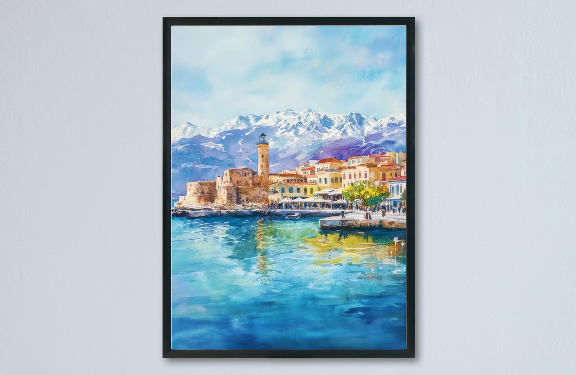 Chania Venetian Harbor Lighthouse Snowy Peaks Watercolor Poster