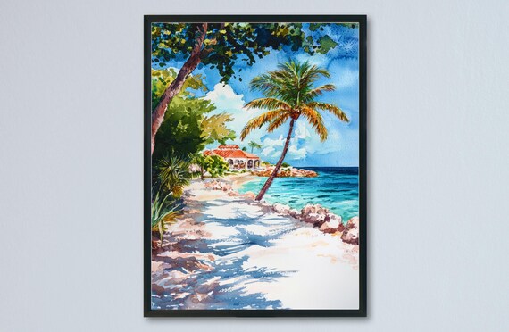 Aruba Watercolor Poster Travel Print Caribbean Island Wall Art Beach Decor Tropical Landscape Ocean View Vacation Scene