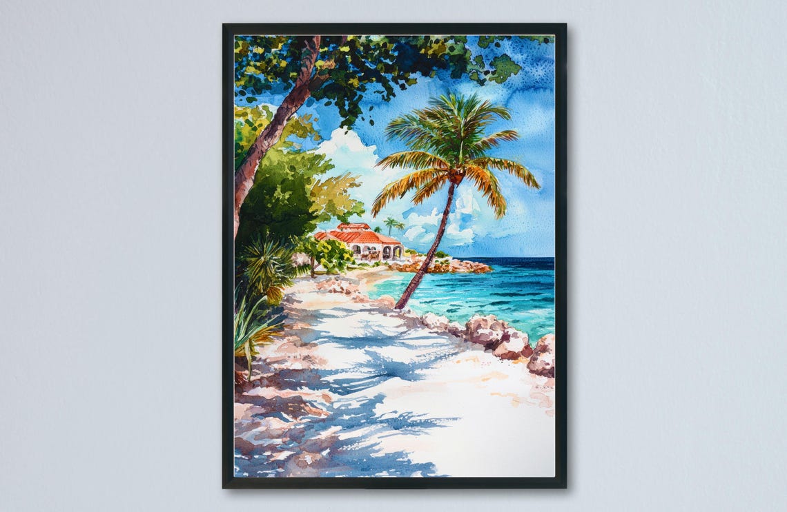 Tropical Beach Path Palm Tree Villa Turquoise Sea Watercolor Poster