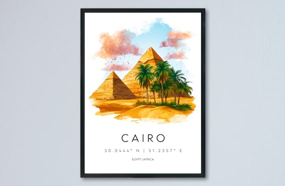 Cairo Pyramids and Palms Warm Watercolor Egypt Travel Poster