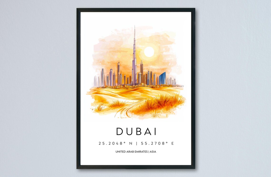 Dubai Sunset Skyline Watercolor Travel Poster With City Coordinates