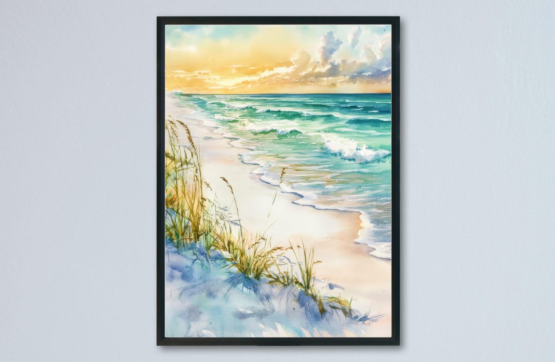 Destin Florida White Sand Beach Sunset Waves Watercolor Poster