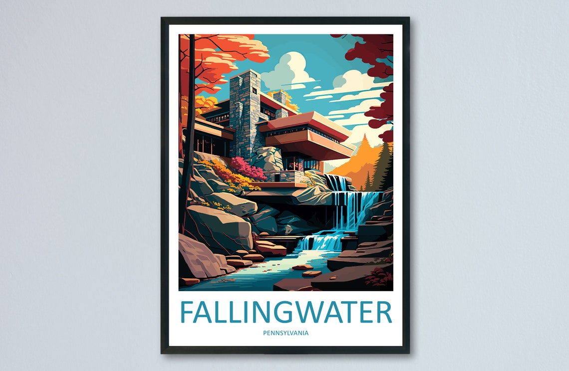 Fallingwater Frank Lloyd Wright Waterfall House Design Travel Poster