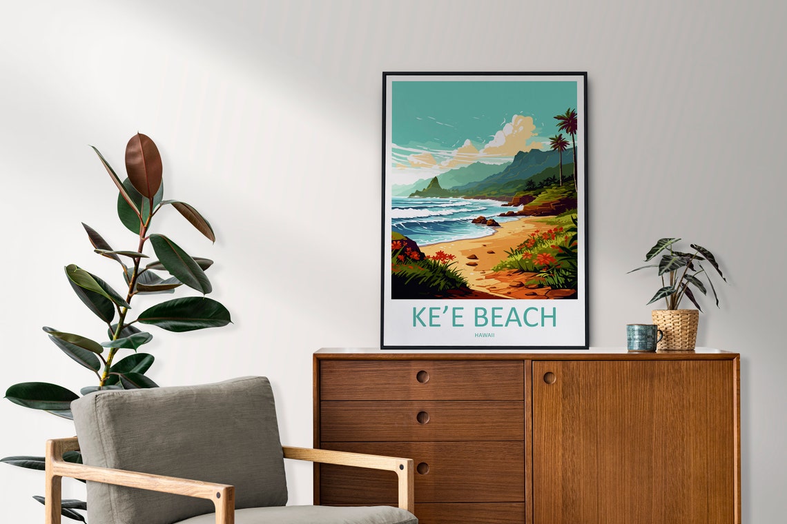 Ke'e Beach Hawaii Golden Sand Waves Mountains Flowers Travel Poster - Image 2
