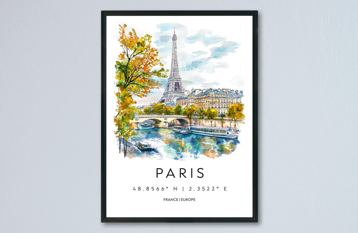 Paris France Eiffel Tower Autumn Seine Watercolor Travel Poster