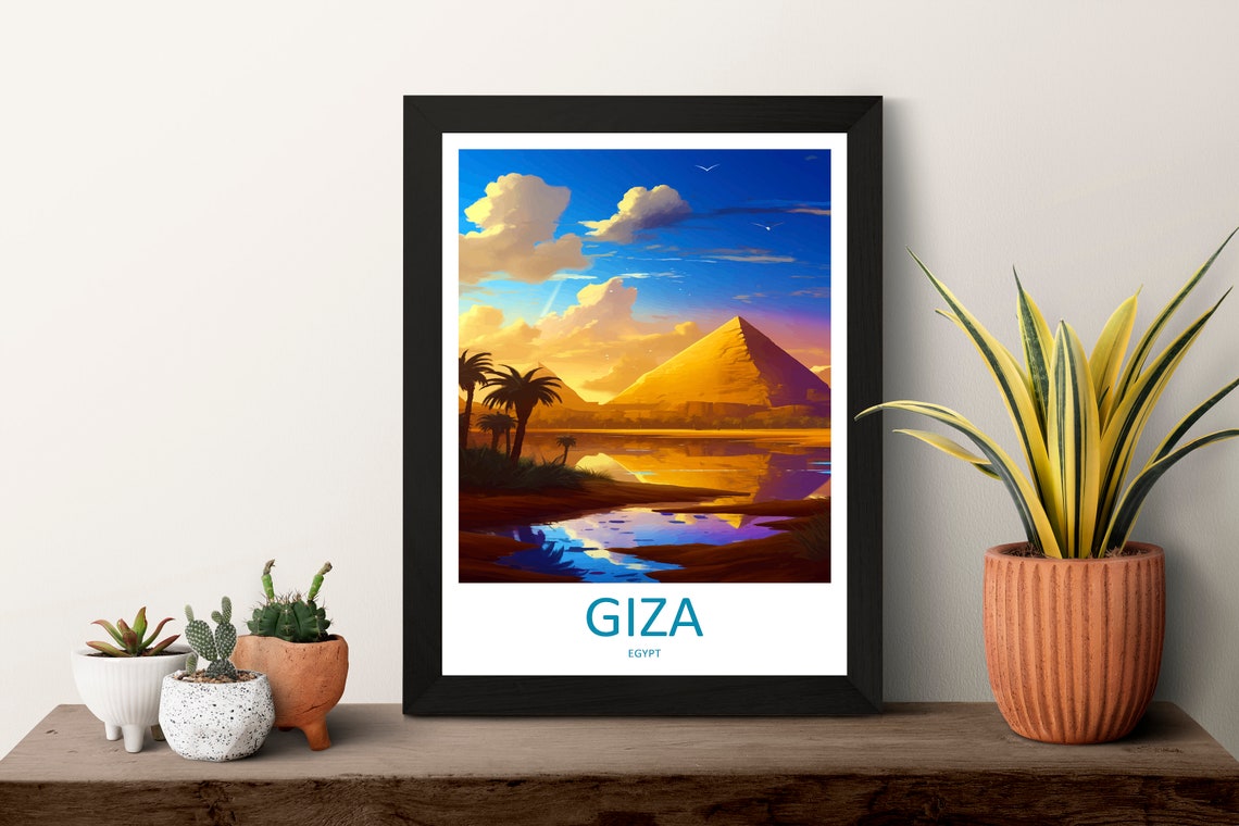Giza Egypt Sunset Pyramid Palm Reflection Golden Travel Poster - Image 3
