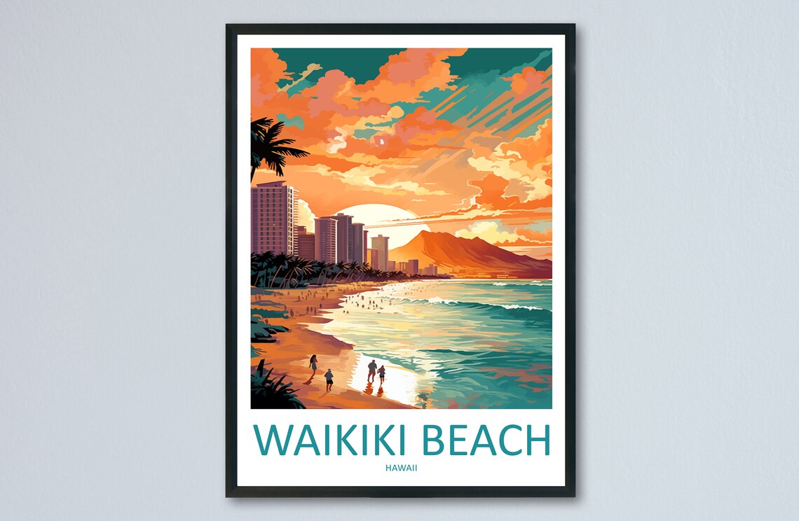 Waikiki Beach Travel Poster, Hawaii Wall Art Print