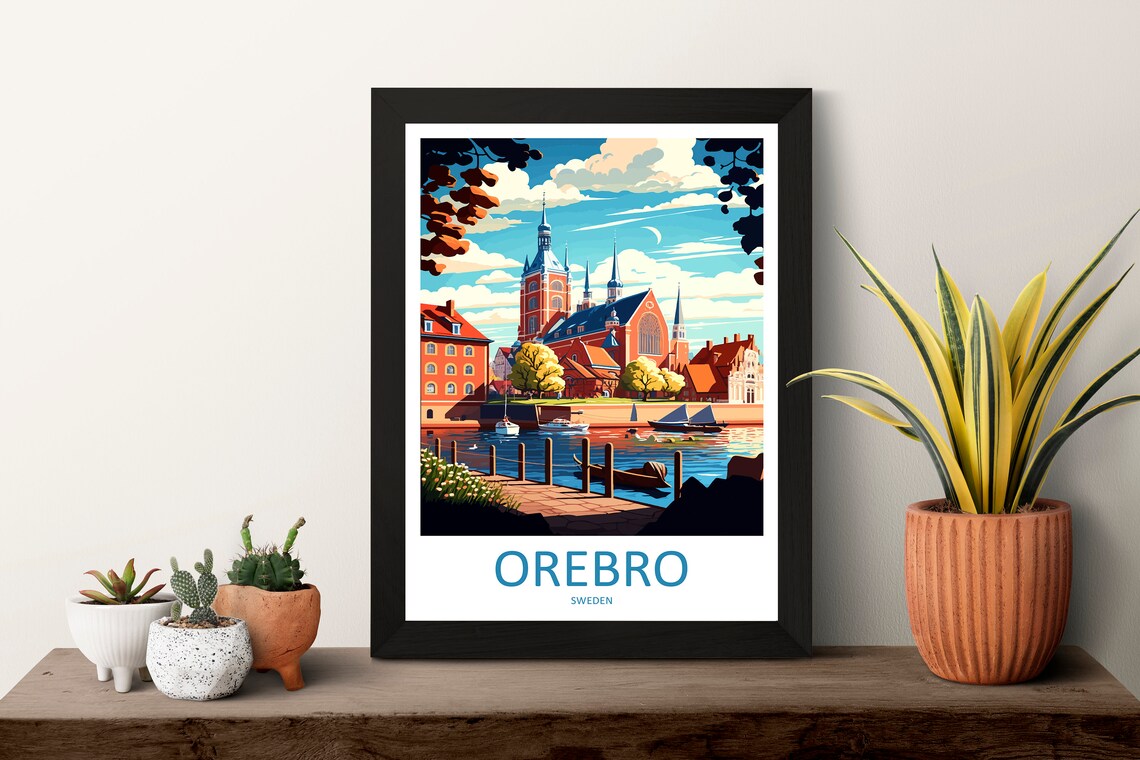 Orebro Sweden Riverside Cathedral and Boats Harbor View Travel Poster - Image 3