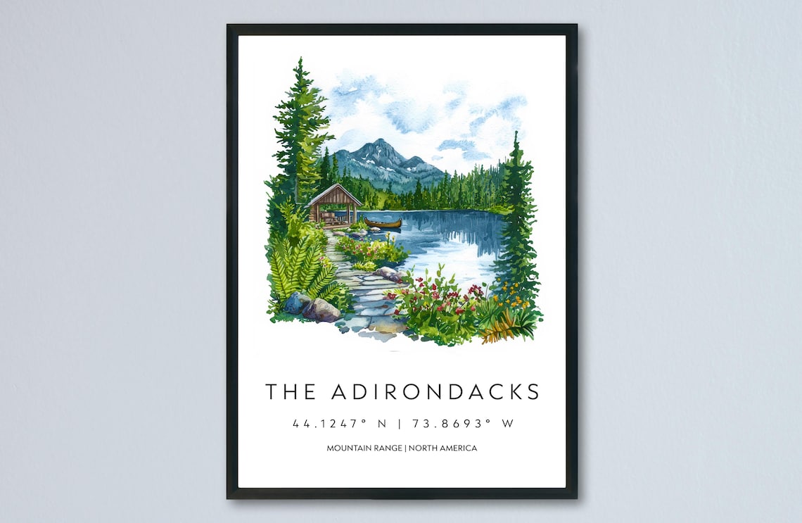 The Adirondacks Lake Canoe Cabin Watercolor Mountain Travel Poster