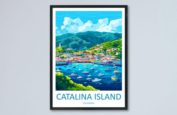 Catalina Island Travel Poster Wall Art Coastal View Print Harbor Scene Illustration Decor Gift Souvenir