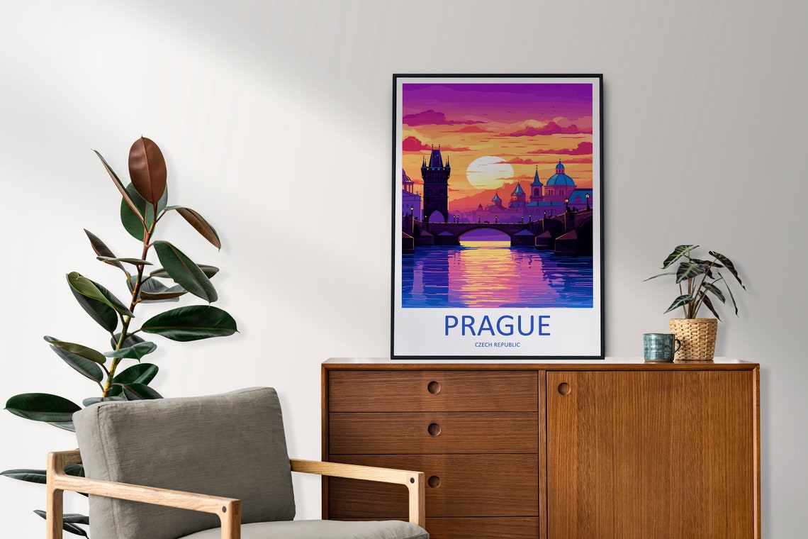 Prague Charles Bridge Sunset Retro Travel Illustration Poster - Image 2