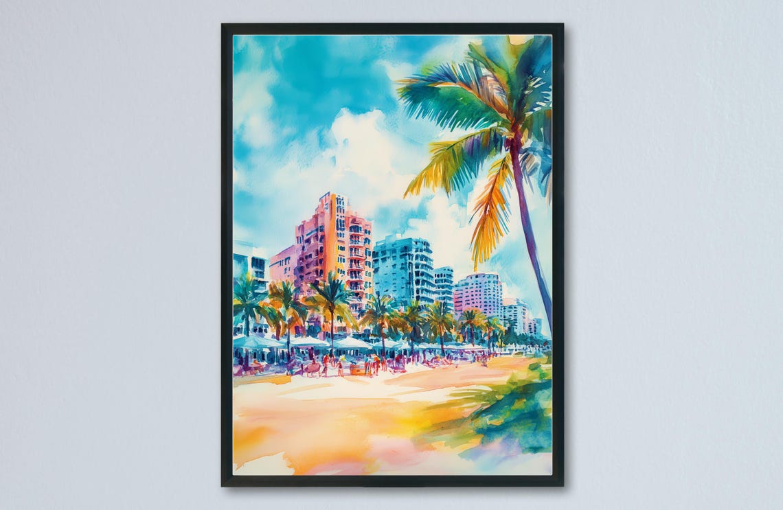 South Beach Miami Florida Art Deco Beachfront Palm Trees Poster