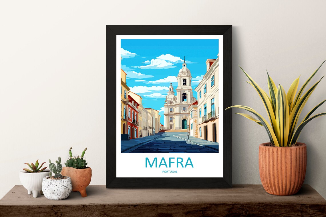 Mafra Portugal Baroque Church Cobblestone Street Travel Poster Art - Image 3