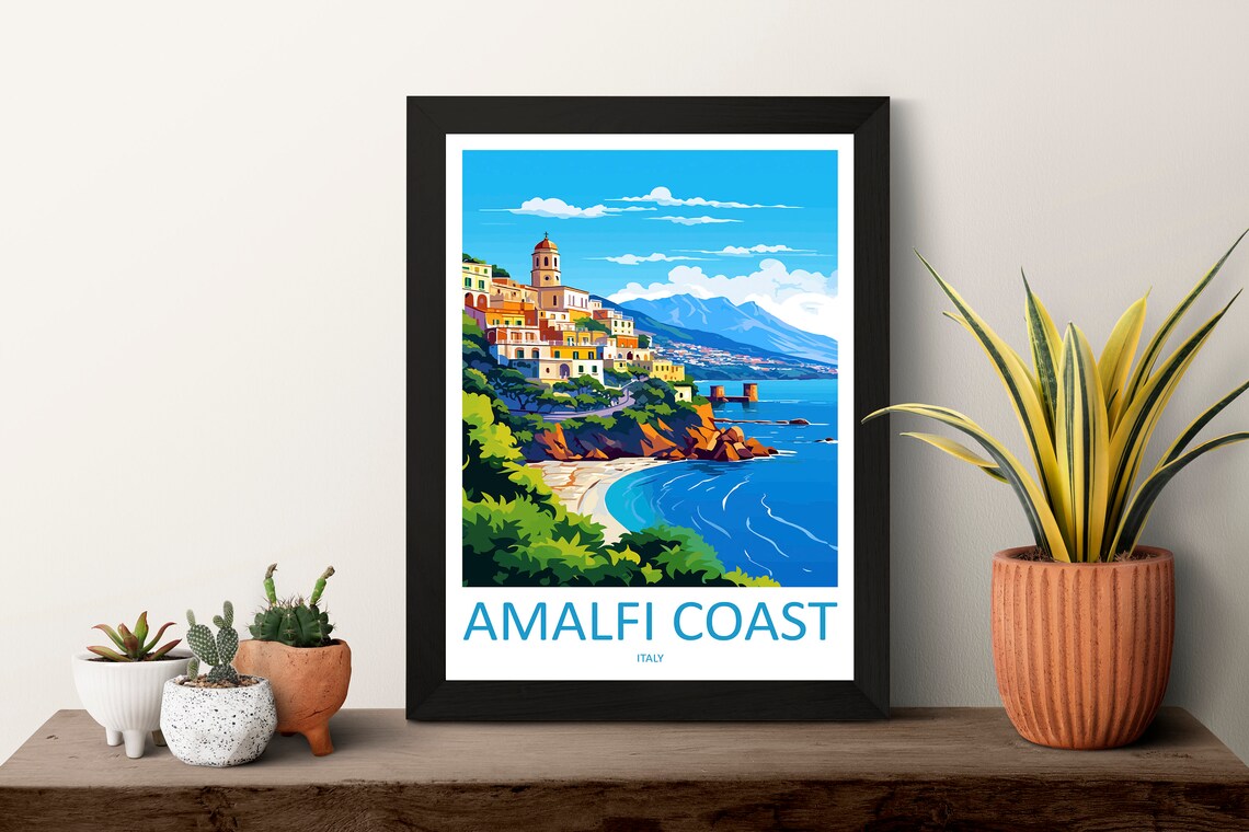 Amalfi Coast Italy Hillside Town Beach Bay Summer Travel Poster - Image 3