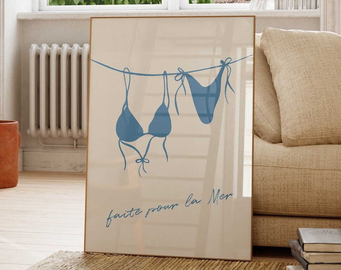 Blue Bikini Aesthetic Poster, Vintage Preppy Decor