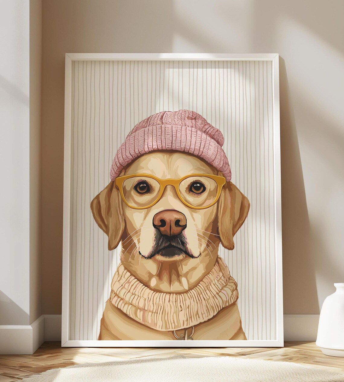 Golden Labrador in Pink Beanie and Glasses Cozy Sweater Poster