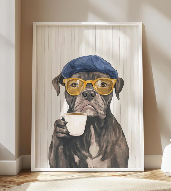 Funny Cane Corso Sipping Coffee Dog Pet Art Wall Decor Puppy Portrait Painting Kitchen Poster Print Illustration Retro Drawing