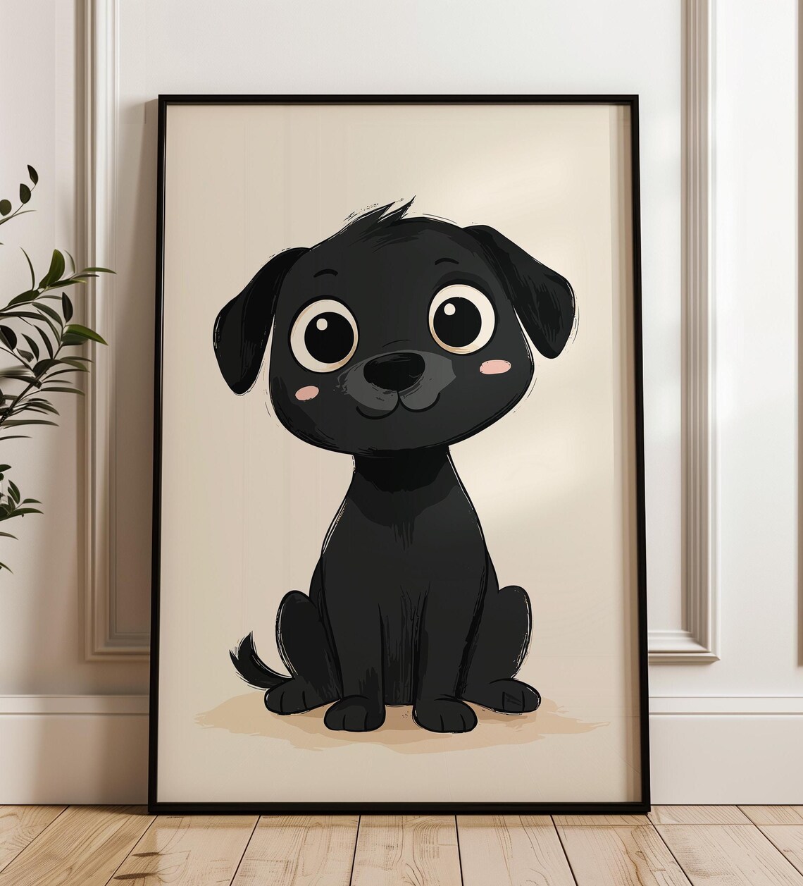 Sweet Adorable Black Puppy With Big Eyes Nursery Cartoon Wall Art