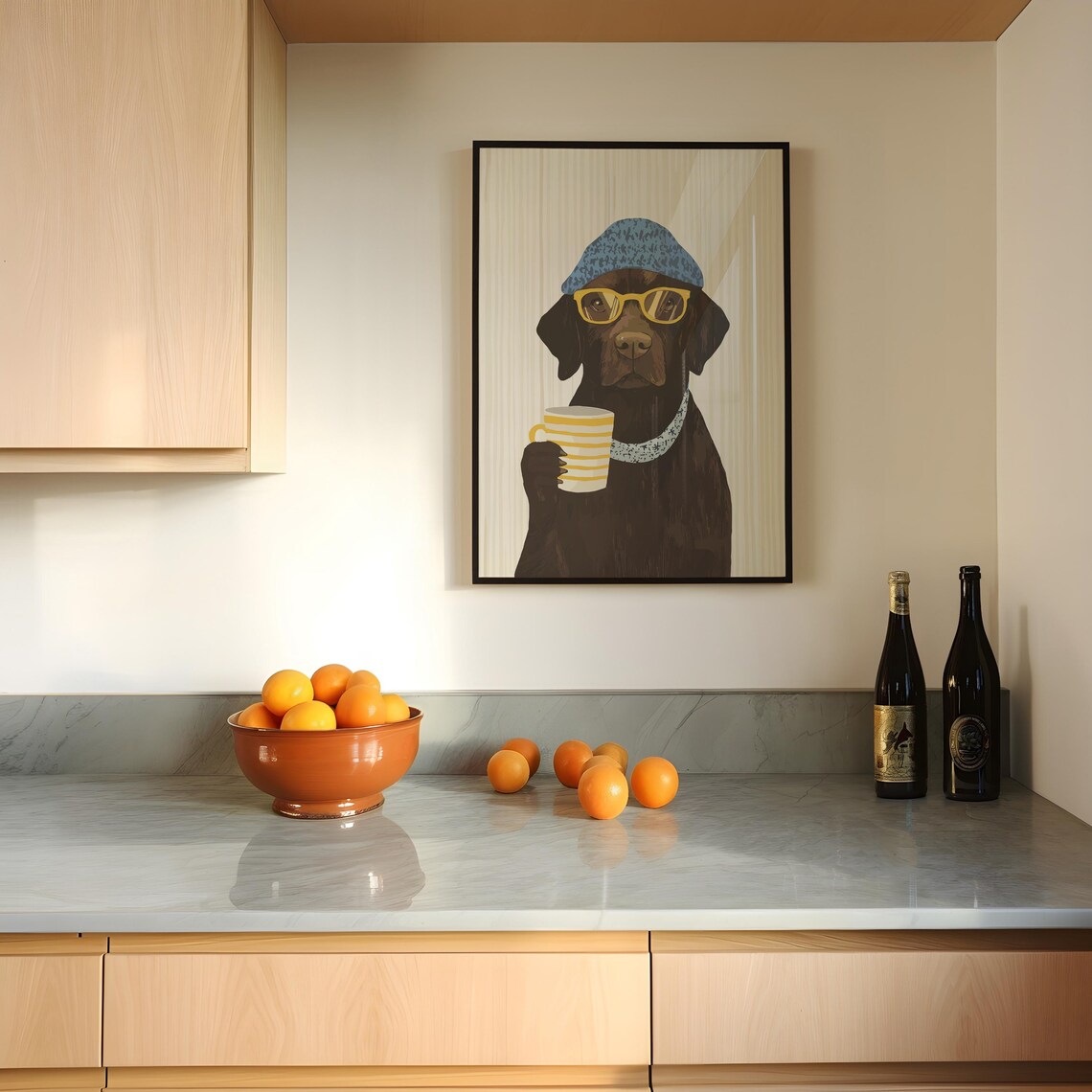 Chocolate Labrador in Beanie and Glasses Holding Coffee Poster - Image 2