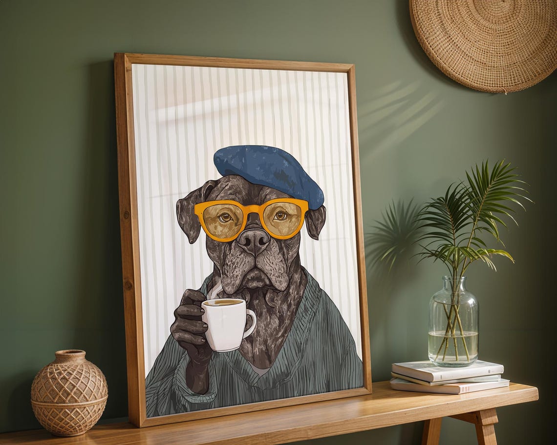 Boxer in Blue Beret and Yellow Glasses Holding Coffee Mug Poster - Image 3