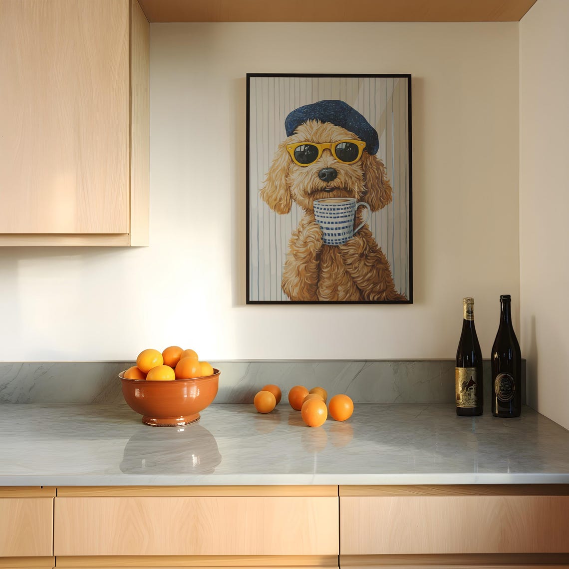Goldendoodle in Blue Beanie and Sunglasses Sipping Coffee Poster - Image 3