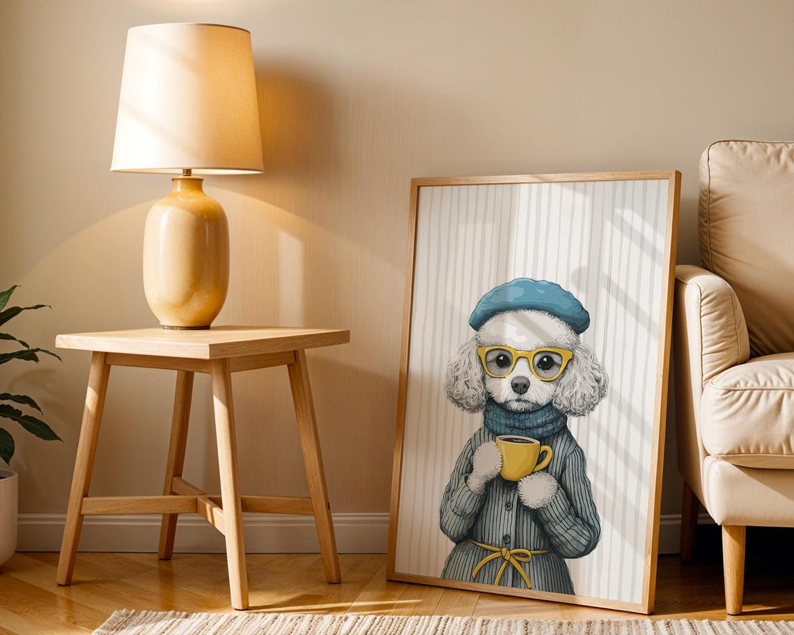 White Poodle in Teal Beret and Glasses Sipping Coffee Poster - Image 3