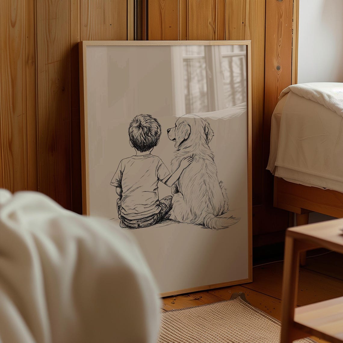 Boy and Golden Retriever Sitting Together Tender Ink Sketch Poster - Image 2