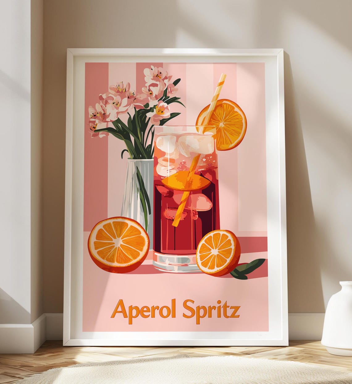Aperol Spritz Highball Glass Pink Striped Summer Cocktail Poster