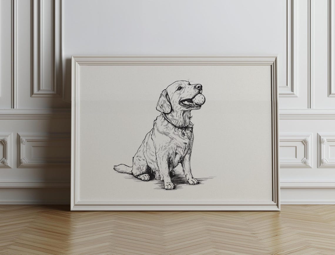Cute Golden Retriever Dog With Ball Vintage Print Drawing Farmhouse Antique Painting Country Wall Art Nursery Sketch - Image 3