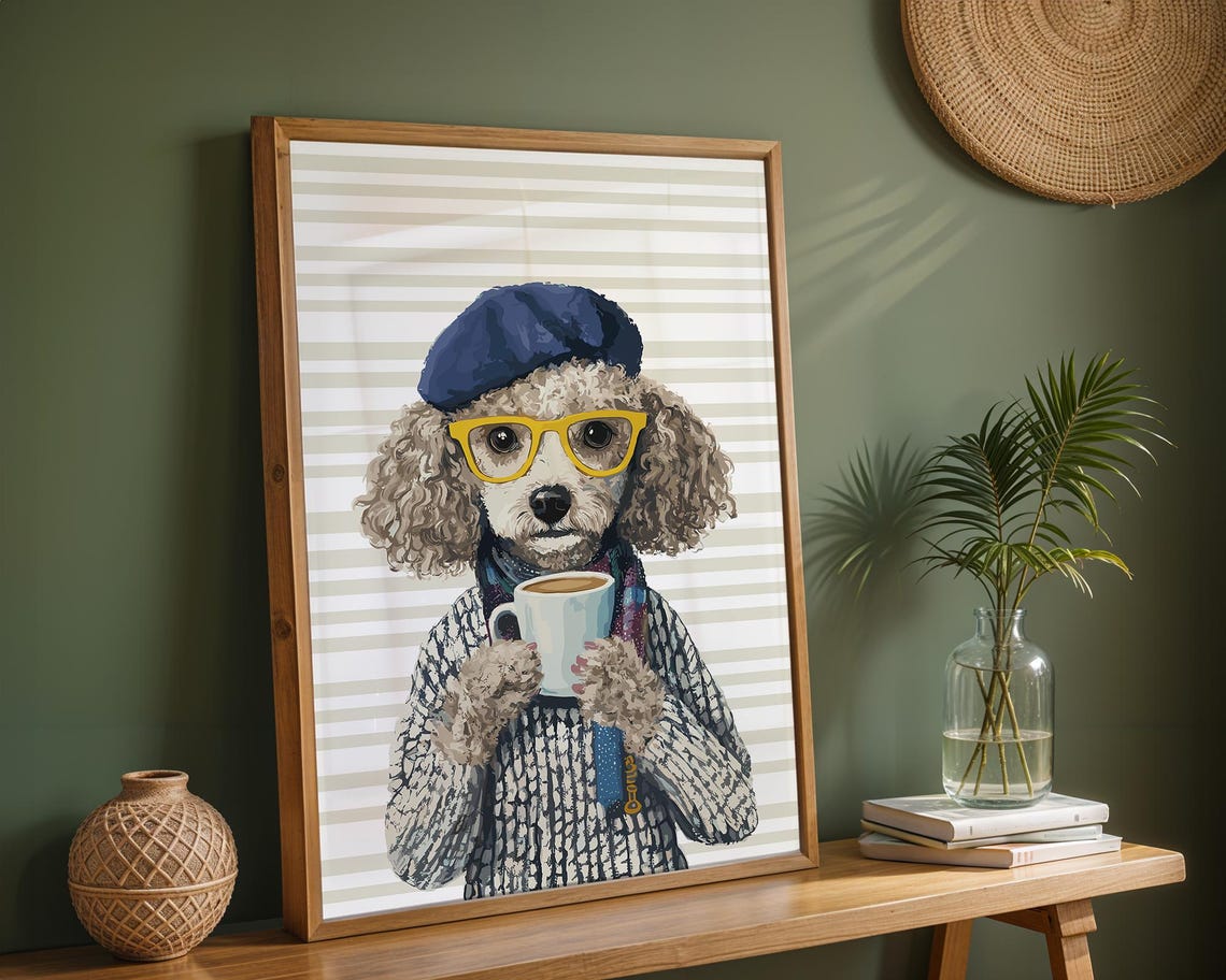 Poodle in Blue Beret and Yellow Glasses Sipping Coffee Poster - Image 3