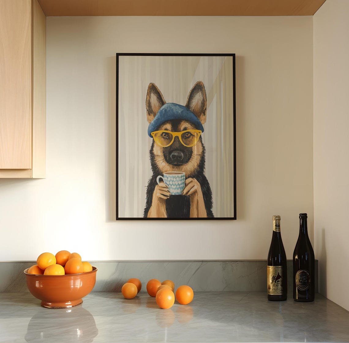 Funny German Shepherd Sipping Coffee Dog Pet Art Wall Decor Portrait Painting Kitchen Poster Print Illustration Retro Drawing - Image 3
