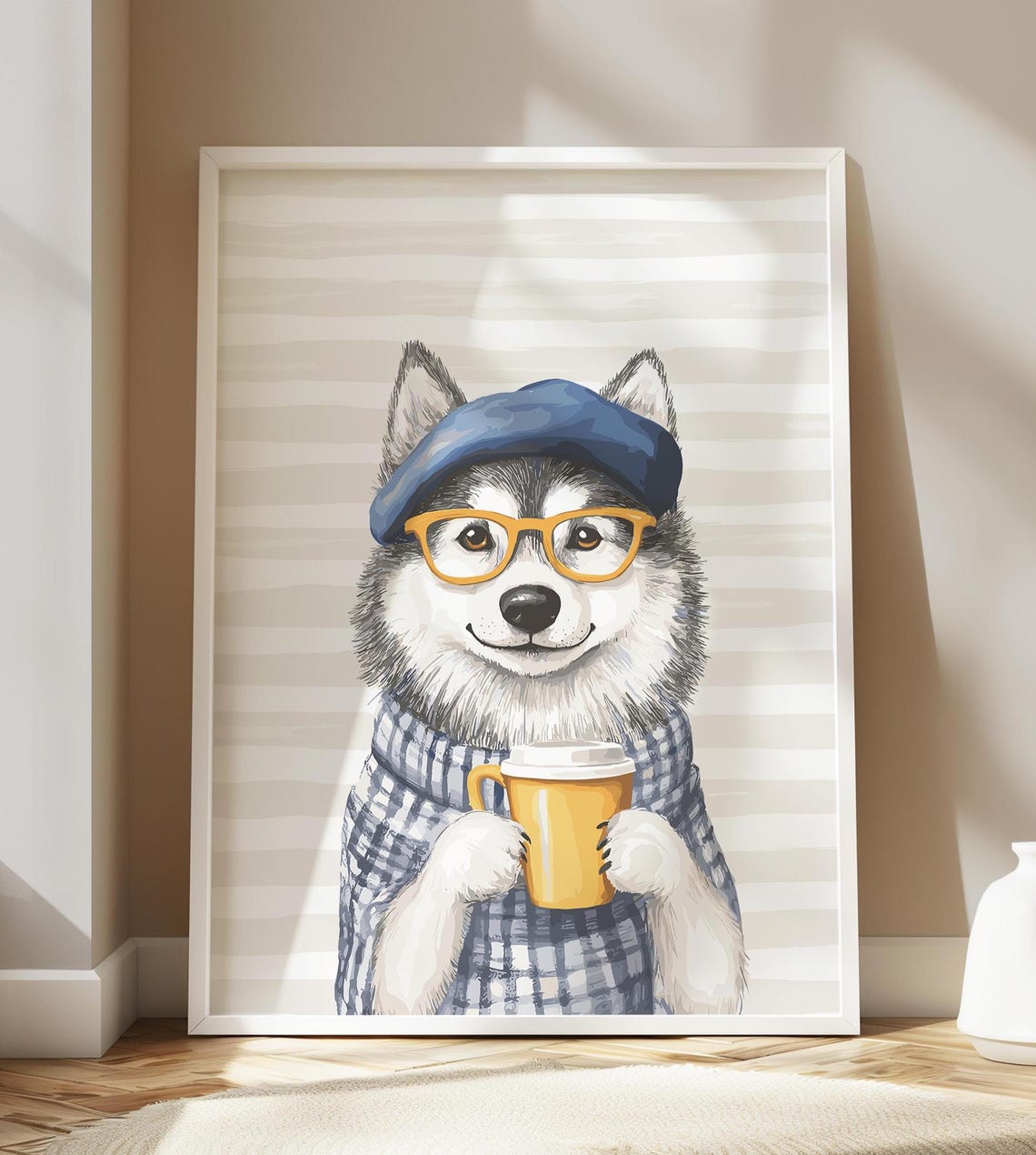 Husky in Beret and Glasses With Plaid Scarf Coffee Mug Poster