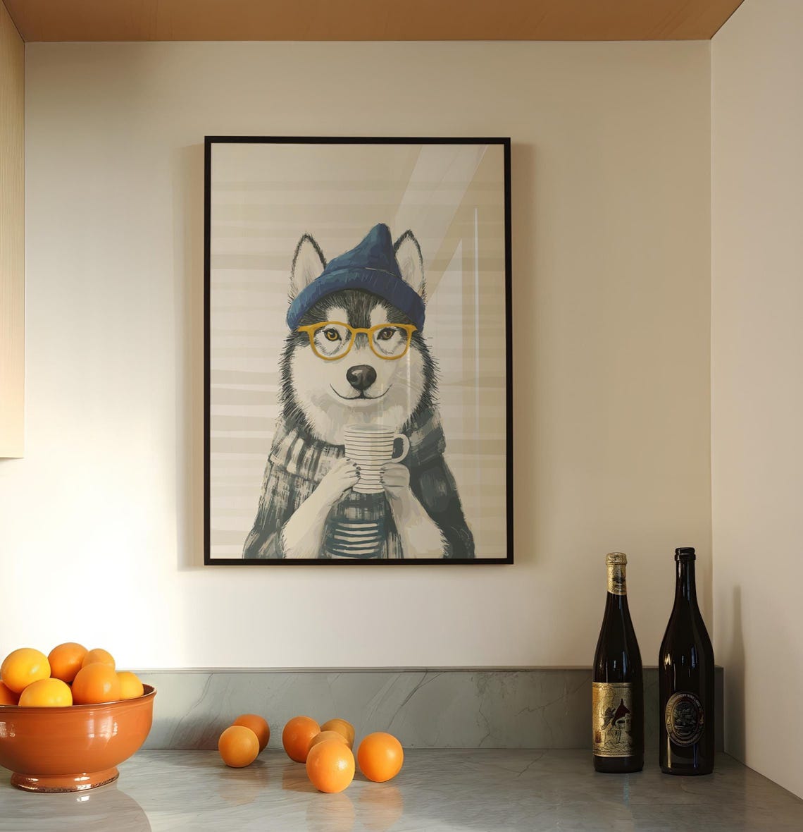 Husky in Beret and Glasses With Striped Mug Coffee Art Poster - Image 3